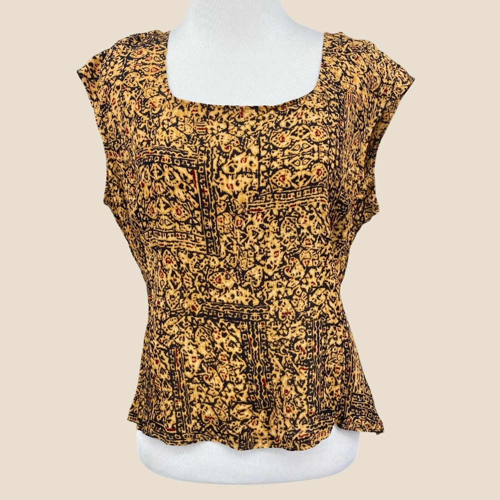Vtg Jones New York Silk Tank Top‎ Womens 12 Tan Paisley Batik 90s Square Neck